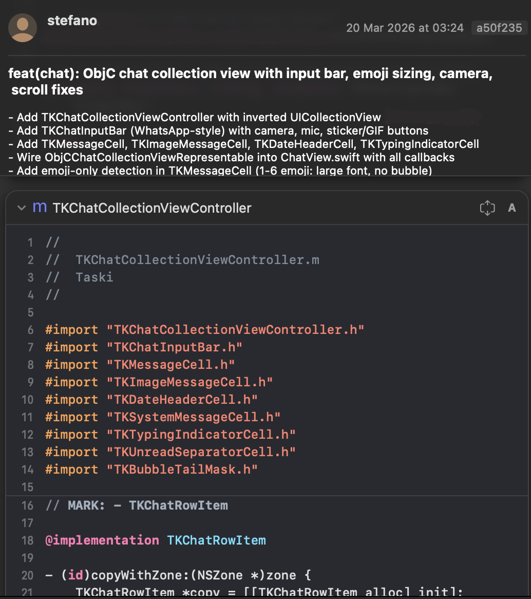 feat(chat): ObjC chat collection view with input bar, emoji sizing, camera, scroll fixes